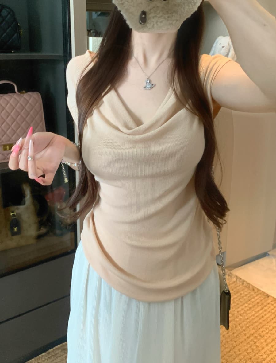 실사 감소되지 않음 순수한 욕망 흔들다 칼라 니트 스웨터 반팔 티셔츠 여성 봄 여름 몸매 가꾸기 슬림해 보이는 주름 맨위 이미지 4