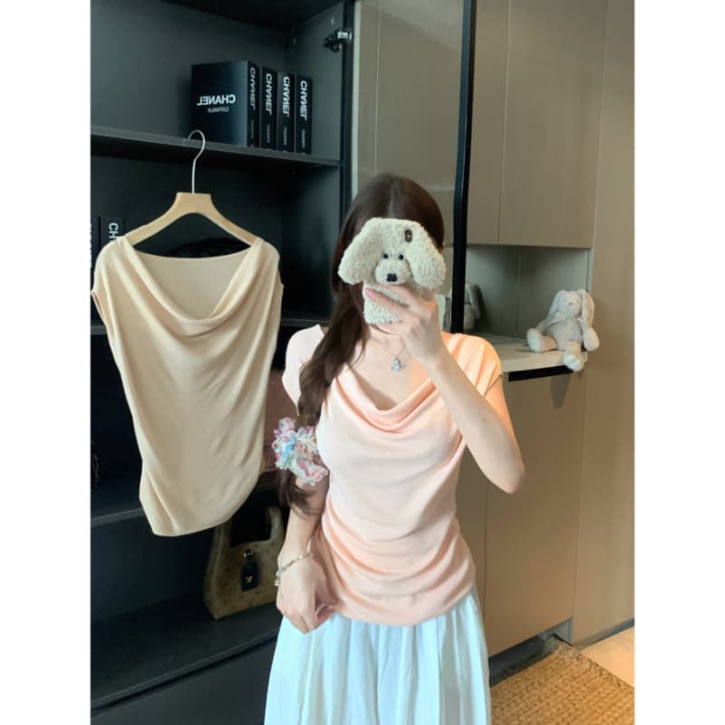 실사 감소되지 않음 순수한 욕망 흔들다 칼라 니트 스웨터 반팔 티셔츠 여성 봄 여름 몸매 가꾸기 슬림해 보이는 주름 맨위 이미지 5