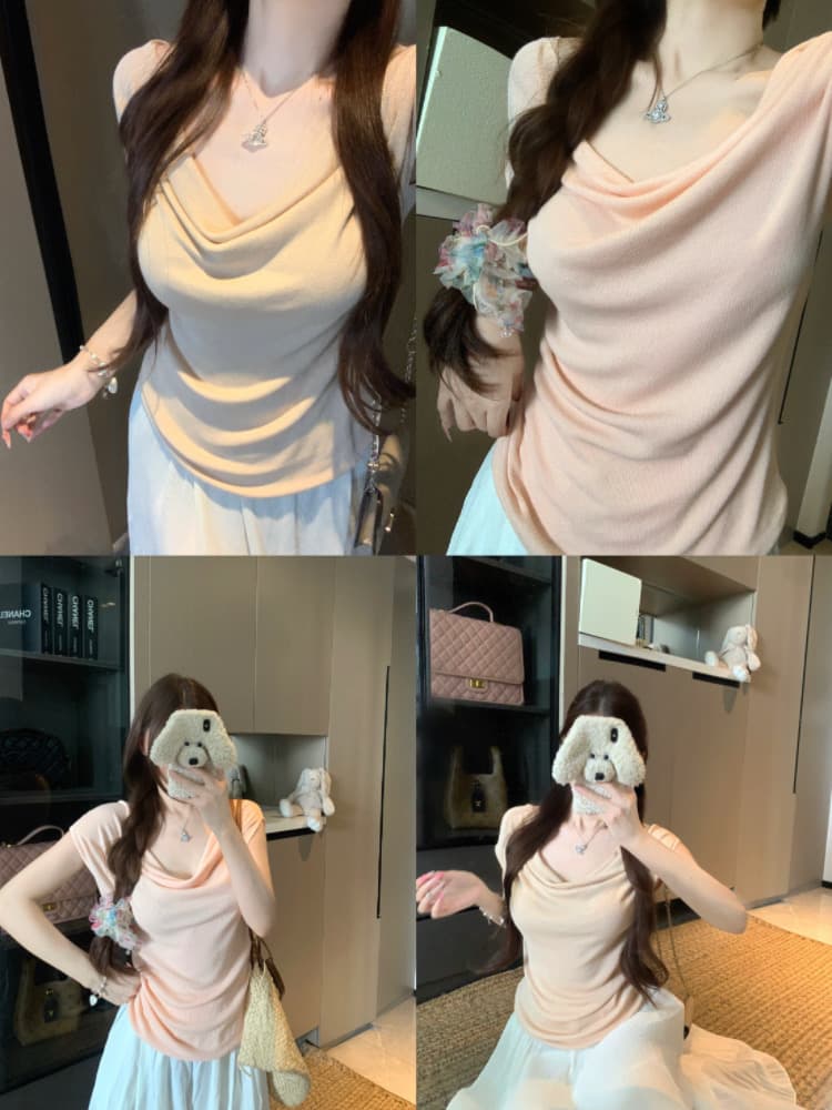 실사 감소되지 않음 순수한 욕망 흔들다 칼라 니트 스웨터 반팔 티셔츠 여성 봄 여름 몸매 가꾸기 슬림해 보이는 주름 맨위 상세 이미지 1
