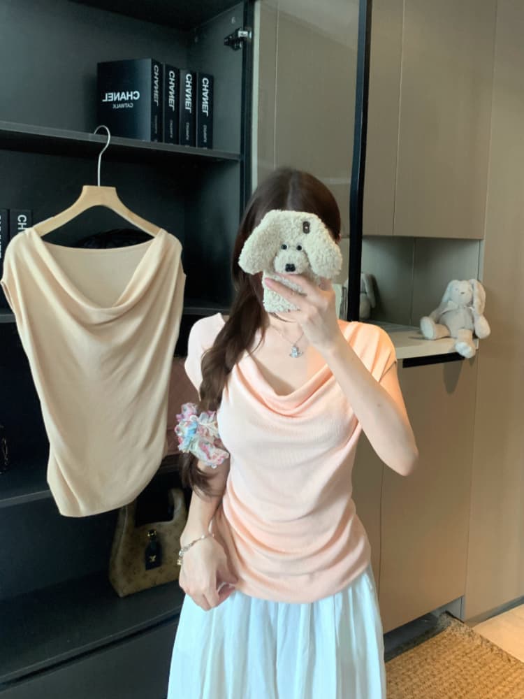 실사 감소되지 않음 순수한 욕망 흔들다 칼라 니트 스웨터 반팔 티셔츠 여성 봄 여름 몸매 가꾸기 슬림해 보이는 주름 맨위 상세 이미지 2