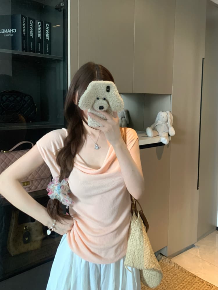 실사 감소되지 않음 순수한 욕망 흔들다 칼라 니트 스웨터 반팔 티셔츠 여성 봄 여름 몸매 가꾸기 슬림해 보이는 주름 맨위 상세 이미지 3