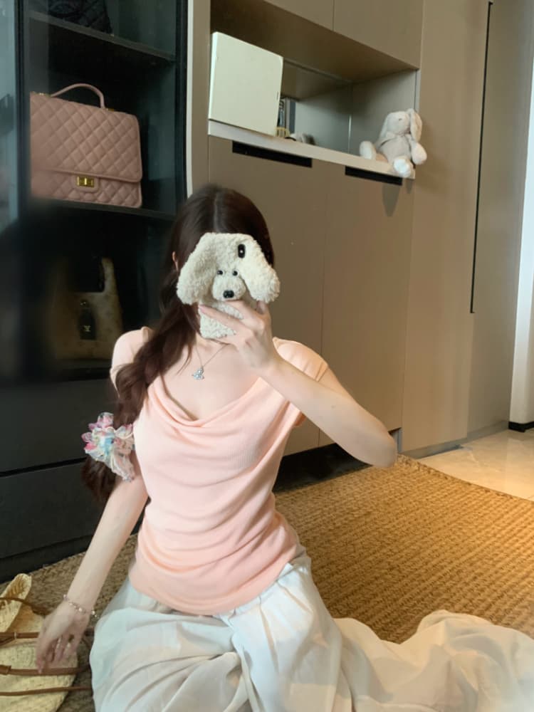 실사 감소되지 않음 순수한 욕망 흔들다 칼라 니트 스웨터 반팔 티셔츠 여성 봄 여름 몸매 가꾸기 슬림해 보이는 주름 맨위 상세 이미지 5