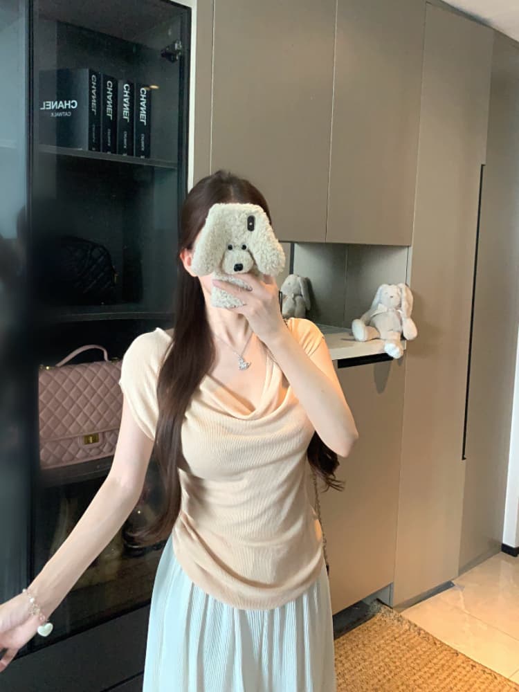 실사 감소되지 않음 순수한 욕망 흔들다 칼라 니트 스웨터 반팔 티셔츠 여성 봄 여름 몸매 가꾸기 슬림해 보이는 주름 맨위 상세 이미지 9