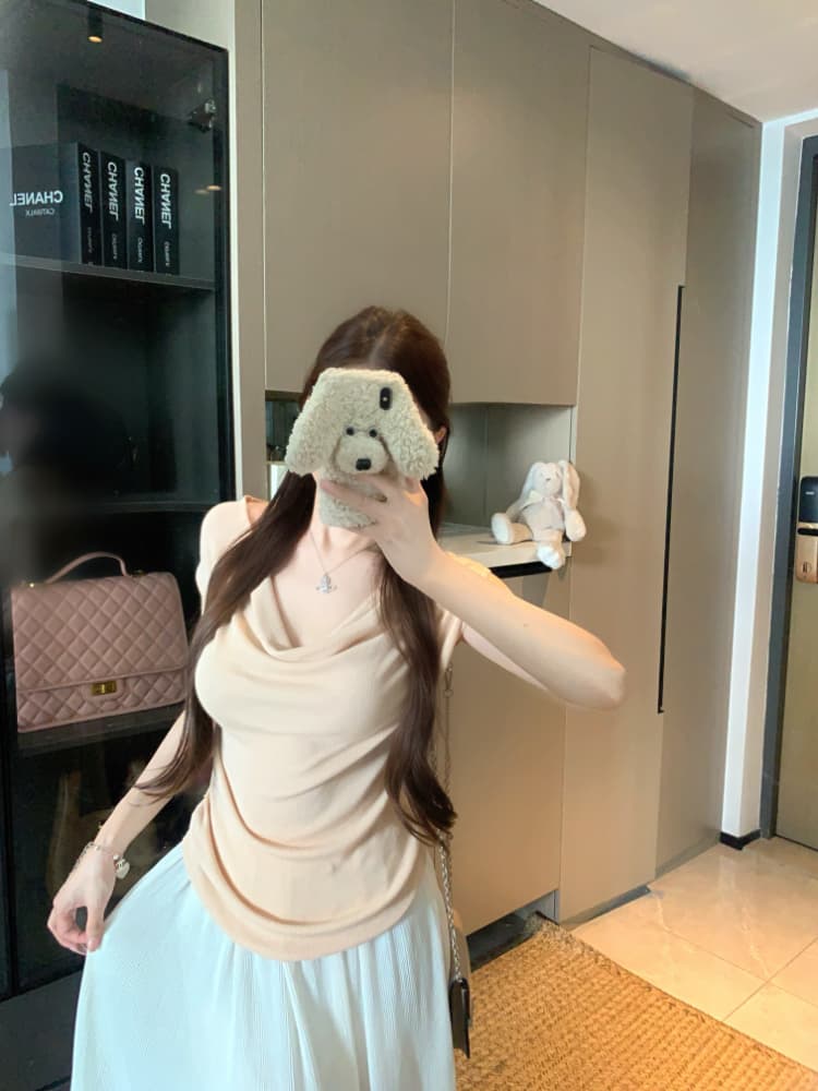 실사 감소되지 않음 순수한 욕망 흔들다 칼라 니트 스웨터 반팔 티셔츠 여성 봄 여름 몸매 가꾸기 슬림해 보이는 주름 맨위 상세 이미지 11