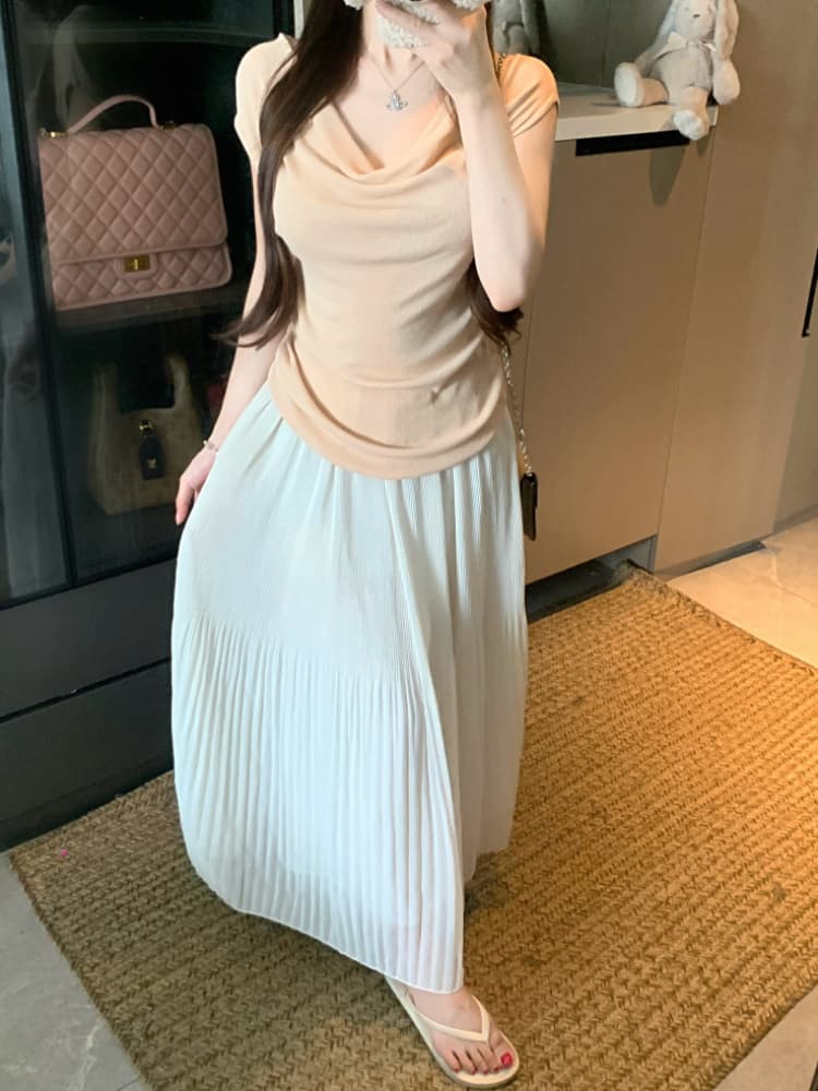 실사 감소되지 않음 순수한 욕망 흔들다 칼라 니트 스웨터 반팔 티셔츠 여성 봄 여름 몸매 가꾸기 슬림해 보이는 주름 맨위 상세 이미지 12