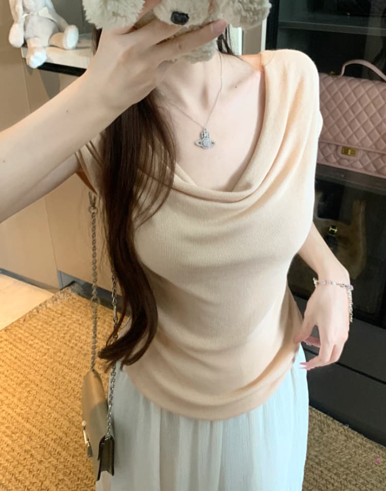 실사 감소되지 않음 순수한 욕망 흔들다 칼라 니트 스웨터 반팔 티셔츠 여성 봄 여름 몸매 가꾸기 슬림해 보이는 주름 맨위 상세 이미지 13