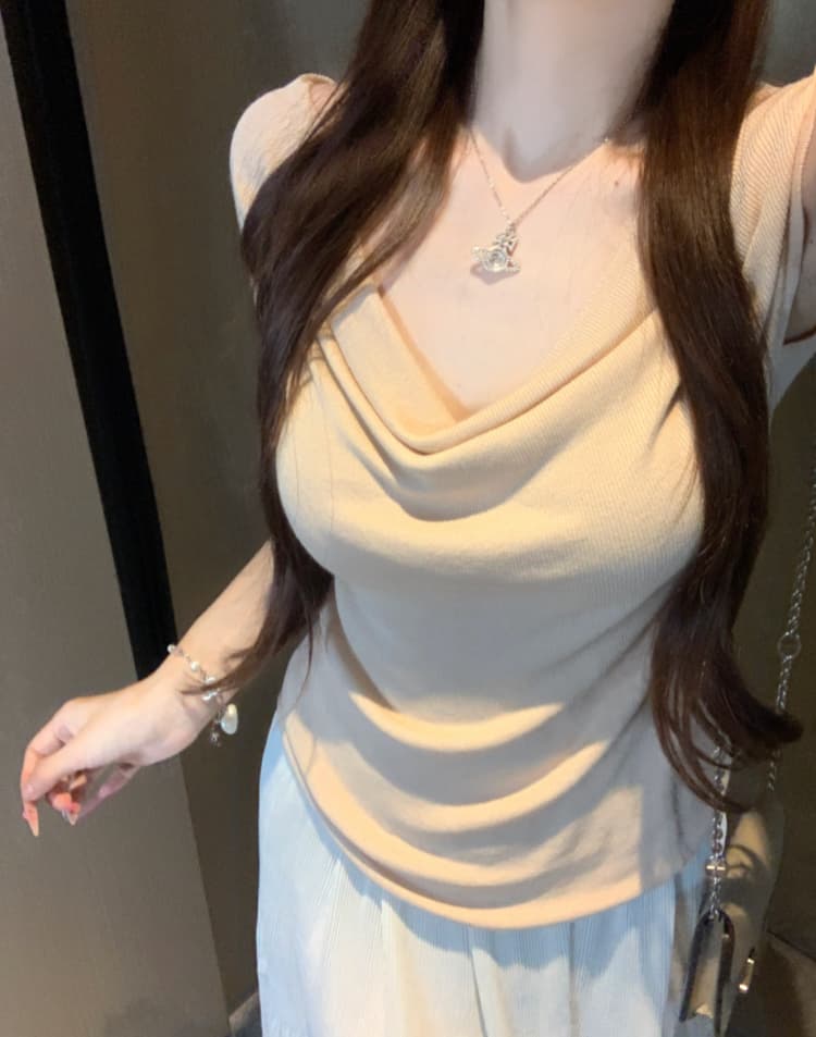 실사 감소되지 않음 순수한 욕망 흔들다 칼라 니트 스웨터 반팔 티셔츠 여성 봄 여름 몸매 가꾸기 슬림해 보이는 주름 맨위 상세 이미지 14