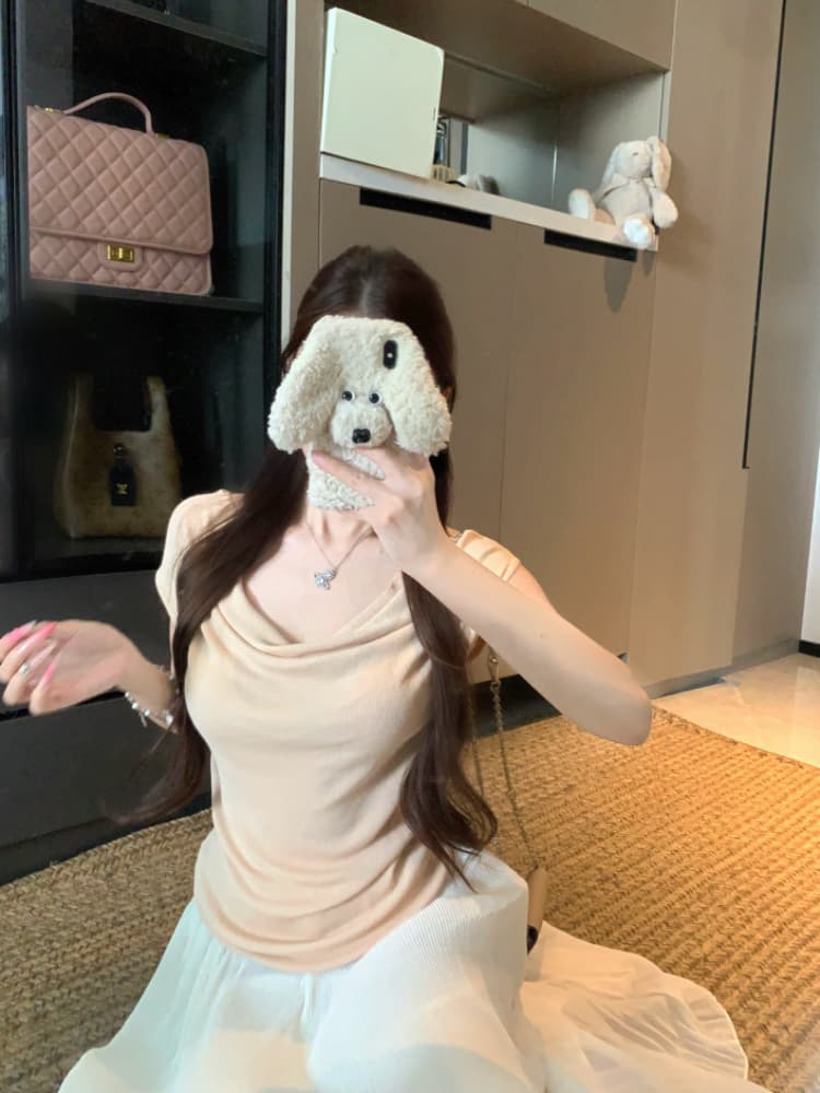 실사 감소되지 않음 순수한 욕망 흔들다 칼라 니트 스웨터 반팔 티셔츠 여성 봄 여름 몸매 가꾸기 슬림해 보이는 주름 맨위 상세 이미지 16