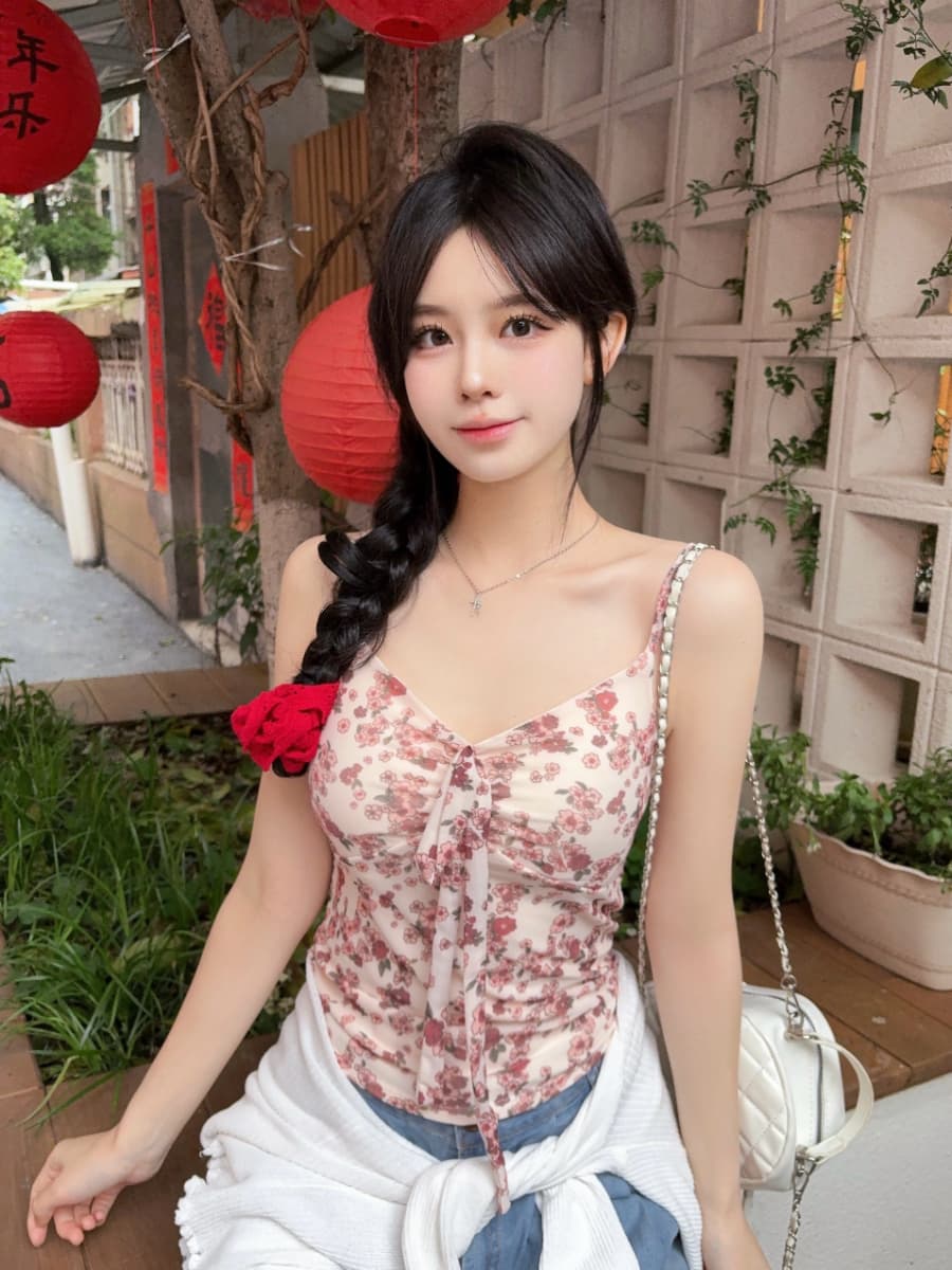 실사 감소되지 않음 달콤함 휴가 바람 꽃무늬 캐미솔 여름 몸매 가꾸기 외출용 민소매 맨위 이미지 2