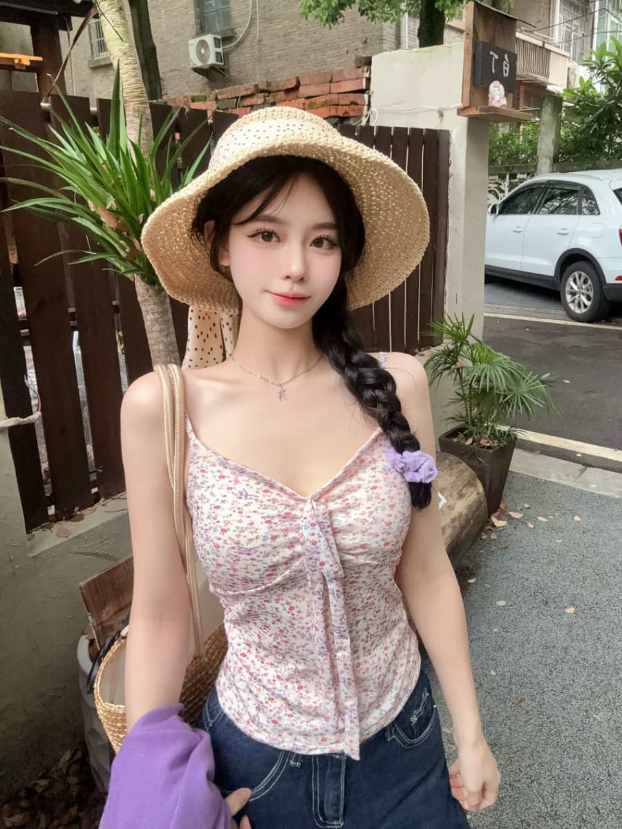 실사 감소되지 않음 달콤함 휴가 바람 꽃무늬 캐미솔 여름 몸매 가꾸기 외출용 민소매 맨위 이미지 3