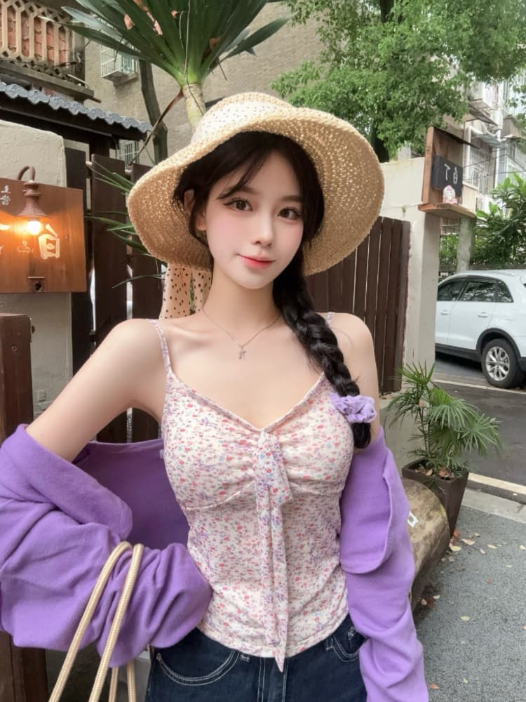 실사 감소되지 않음 달콤함 휴가 바람 꽃무늬 캐미솔 여름 몸매 가꾸기 외출용 민소매 맨위 상세 이미지 2