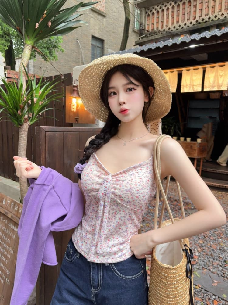 실사 감소되지 않음 달콤함 휴가 바람 꽃무늬 캐미솔 여름 몸매 가꾸기 외출용 민소매 맨위 상세 이미지 3