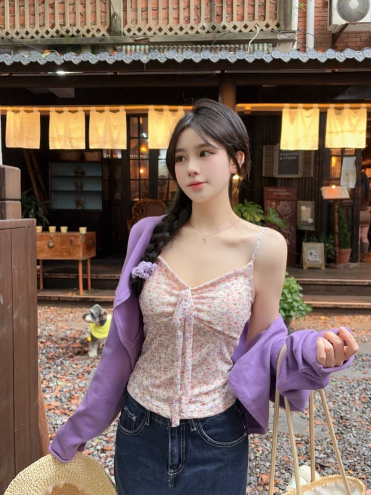 실사 감소되지 않음 달콤함 휴가 바람 꽃무늬 캐미솔 여름 몸매 가꾸기 외출용 민소매 맨위 상세 이미지 4