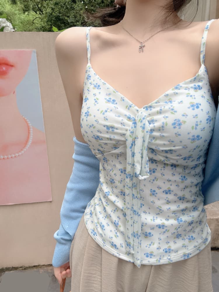 실사 감소되지 않음 달콤함 휴가 바람 꽃무늬 캐미솔 여름 몸매 가꾸기 외출용 민소매 맨위 상세 이미지 13