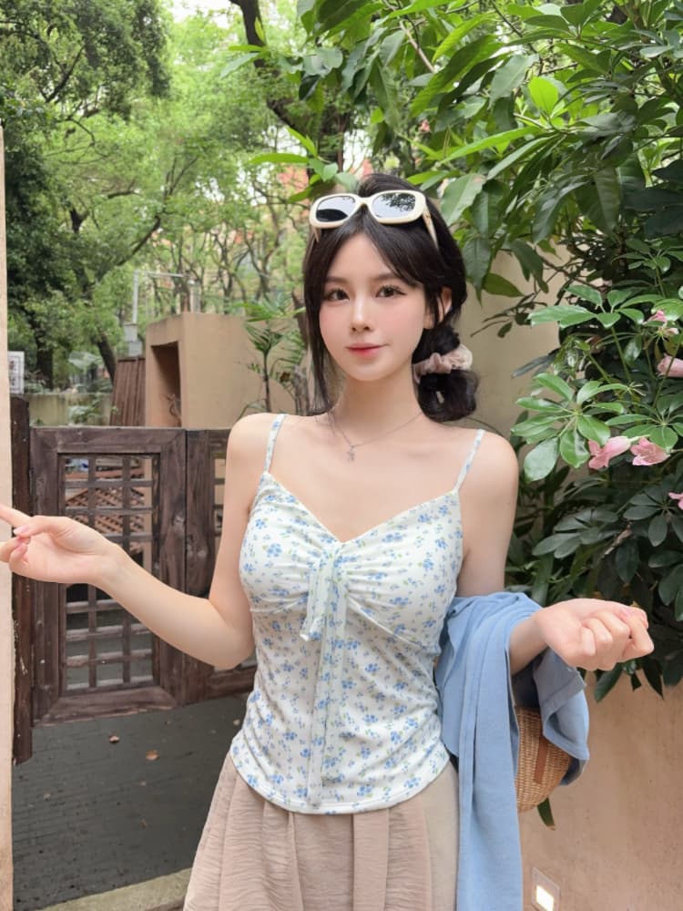 실사 감소되지 않음 달콤함 휴가 바람 꽃무늬 캐미솔 여름 몸매 가꾸기 외출용 민소매 맨위 상세 이미지 14