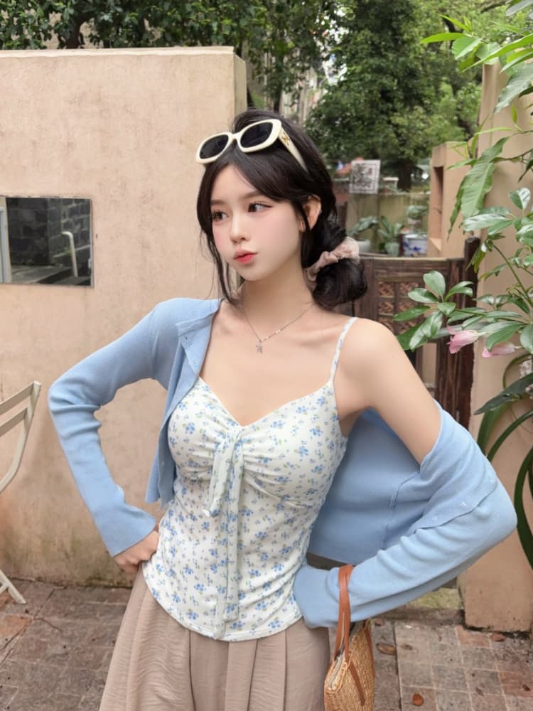 실사 감소되지 않음 달콤함 휴가 바람 꽃무늬 캐미솔 여름 몸매 가꾸기 외출용 민소매 맨위 상세 이미지 15