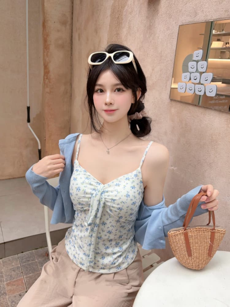 실사 감소되지 않음 달콤함 휴가 바람 꽃무늬 캐미솔 여름 몸매 가꾸기 외출용 민소매 맨위 상세 이미지 17