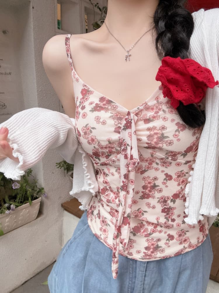 실사 감소되지 않음 달콤함 휴가 바람 꽃무늬 캐미솔 여름 몸매 가꾸기 외출용 민소매 맨위 상세 이미지 20