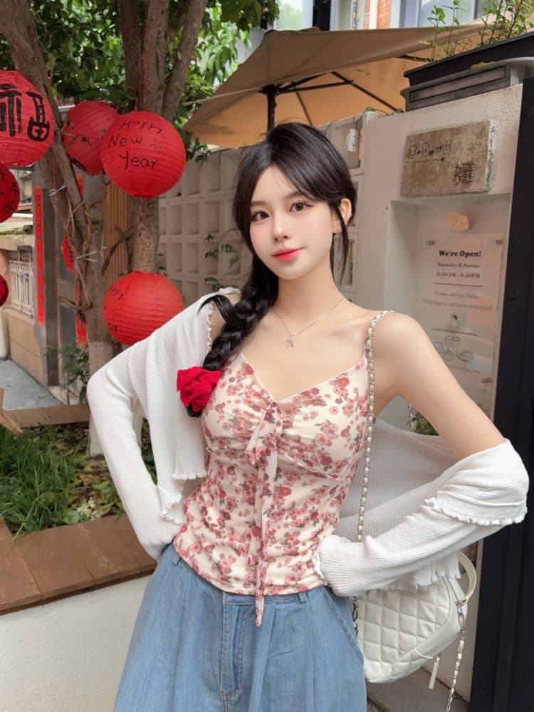 실사 감소되지 않음 달콤함 휴가 바람 꽃무늬 캐미솔 여름 몸매 가꾸기 외출용 민소매 맨위 상세 이미지 21