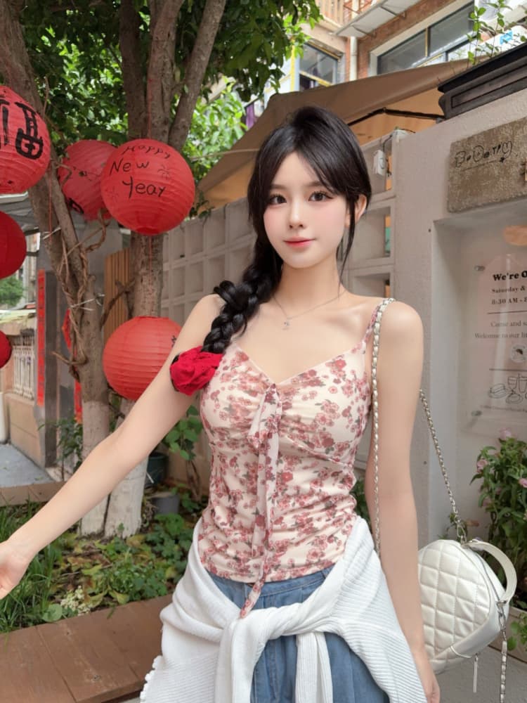 실사 감소되지 않음 달콤함 휴가 바람 꽃무늬 캐미솔 여름 몸매 가꾸기 외출용 민소매 맨위 상세 이미지 22