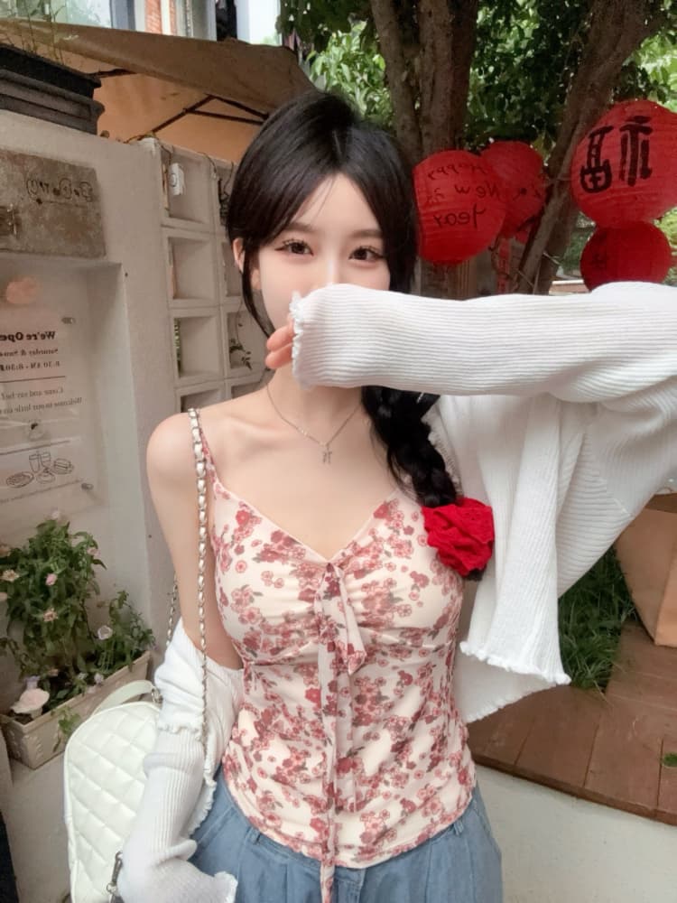 실사 감소되지 않음 달콤함 휴가 바람 꽃무늬 캐미솔 여름 몸매 가꾸기 외출용 민소매 맨위 상세 이미지 23