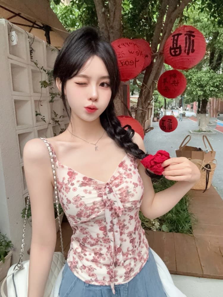 실사 감소되지 않음 달콤함 휴가 바람 꽃무늬 캐미솔 여름 몸매 가꾸기 외출용 민소매 맨위 상세 이미지 24