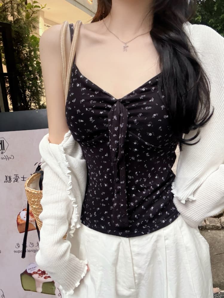 실사 감소되지 않음 달콤함 휴가 바람 꽃무늬 캐미솔 여름 몸매 가꾸기 외출용 민소매 맨위 상세 이미지 27