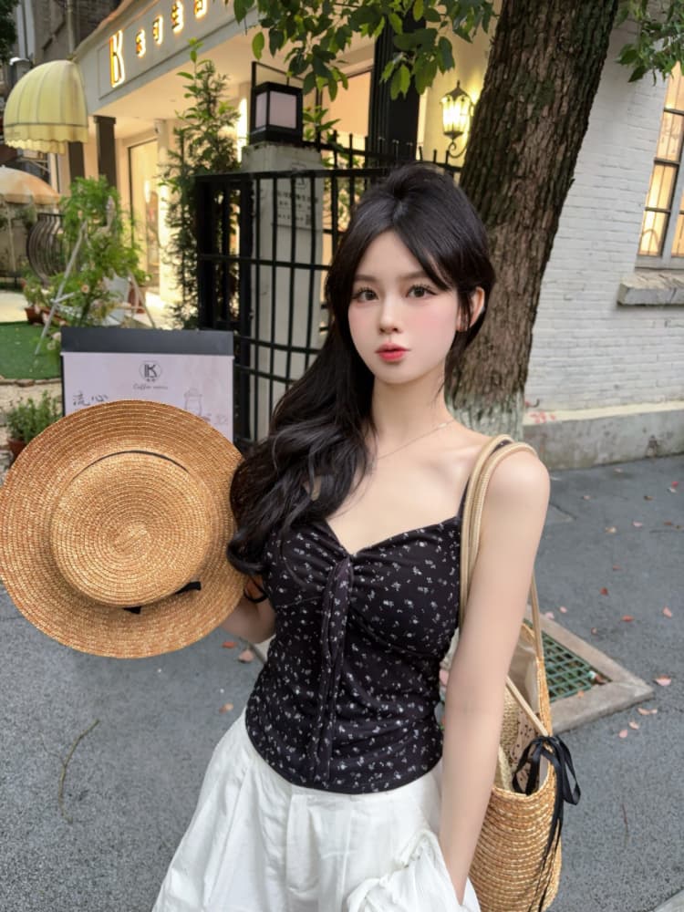 실사 감소되지 않음 달콤함 휴가 바람 꽃무늬 캐미솔 여름 몸매 가꾸기 외출용 민소매 맨위 상세 이미지 29