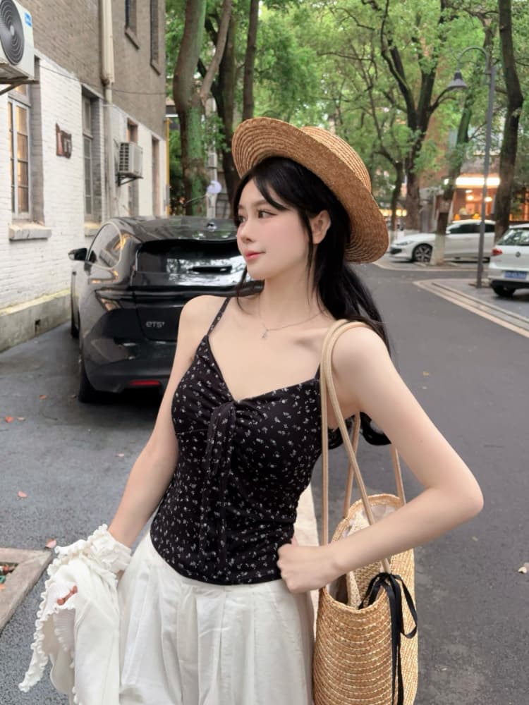 실사 감소되지 않음 달콤함 휴가 바람 꽃무늬 캐미솔 여름 몸매 가꾸기 외출용 민소매 맨위 상세 이미지 31
