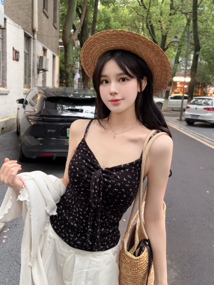 실사 감소되지 않음 달콤함 휴가 바람 꽃무늬 캐미솔 여름 몸매 가꾸기 외출용 민소매 맨위 상세 이미지 33