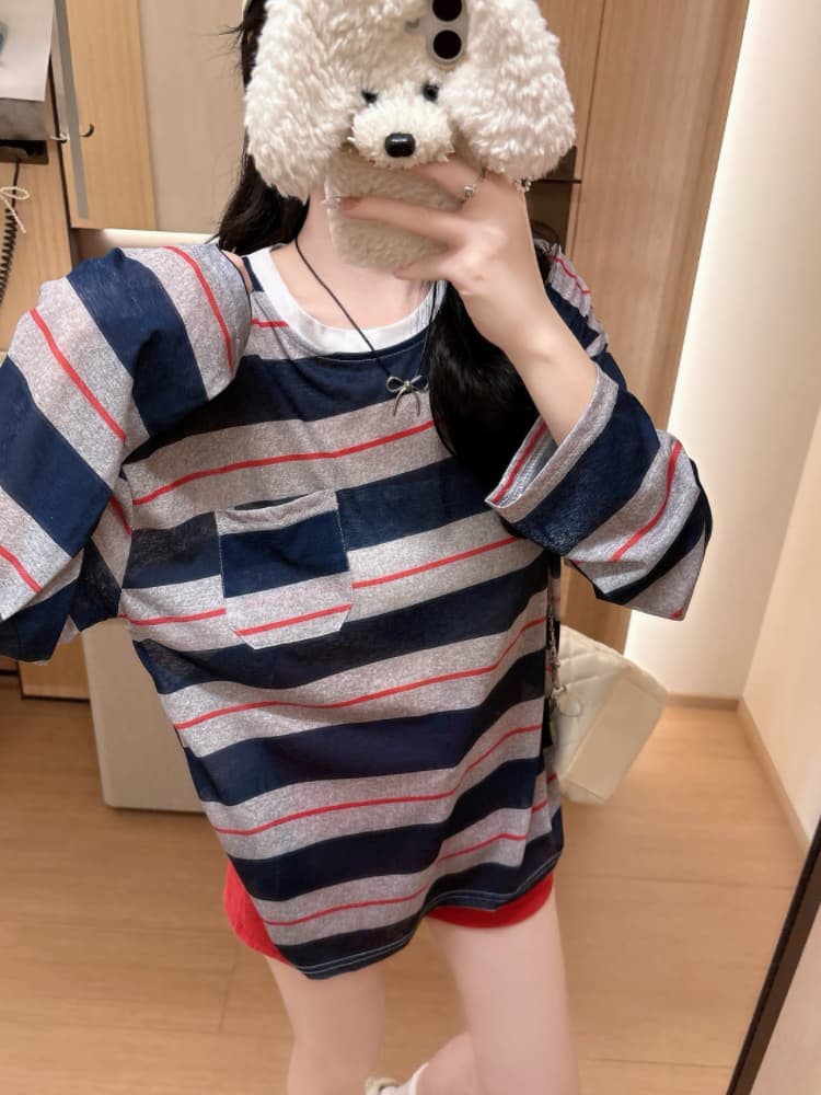 실사 감소되지 않음 느긋한 루즈핏 스트라이프 긴팔 티셔츠 여성 여름 라운드 넥 긴팔 블라우스 자외선 차단 맨위 상세 이미지 2
