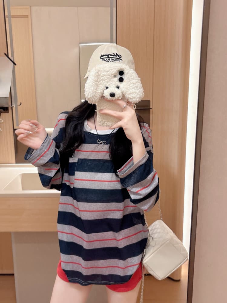 실사 감소되지 않음 느긋한 루즈핏 스트라이프 긴팔 티셔츠 여성 여름 라운드 넥 긴팔 블라우스 자외선 차단 맨위 상세 이미지 3