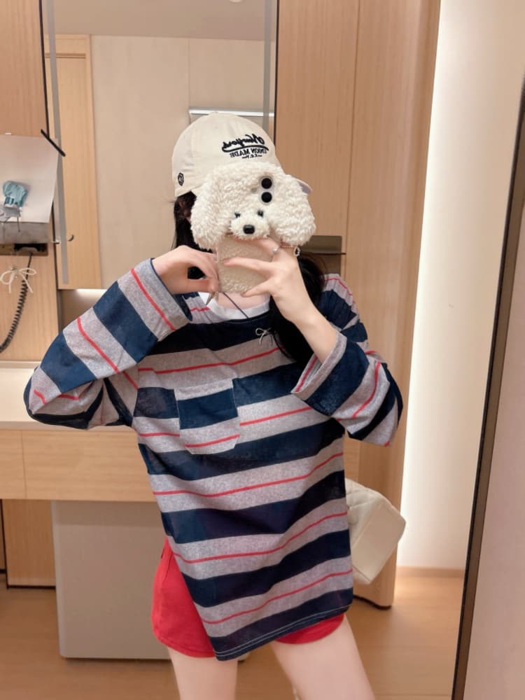 실사 감소되지 않음 느긋한 루즈핏 스트라이프 긴팔 티셔츠 여성 여름 라운드 넥 긴팔 블라우스 자외선 차단 맨위 상세 이미지 4
