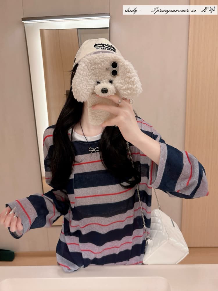실사 감소되지 않음 느긋한 루즈핏 스트라이프 긴팔 티셔츠 여성 여름 라운드 넥 긴팔 블라우스 자외선 차단 맨위 상세 이미지 5