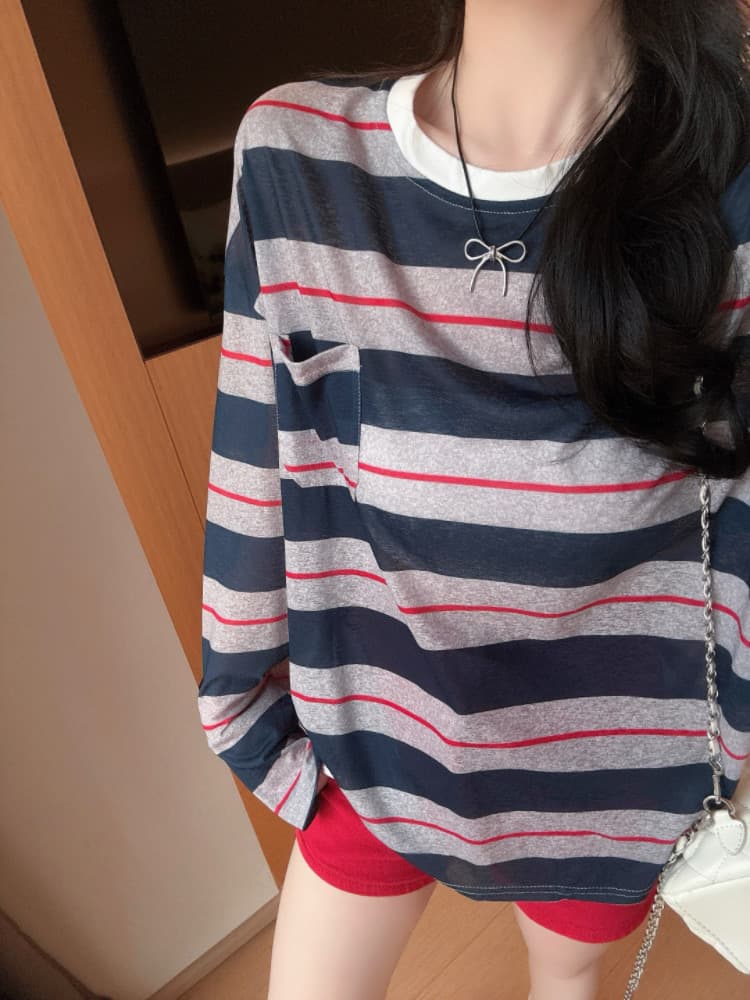 실사 감소되지 않음 느긋한 루즈핏 스트라이프 긴팔 티셔츠 여성 여름 라운드 넥 긴팔 블라우스 자외선 차단 맨위 상세 이미지 6
