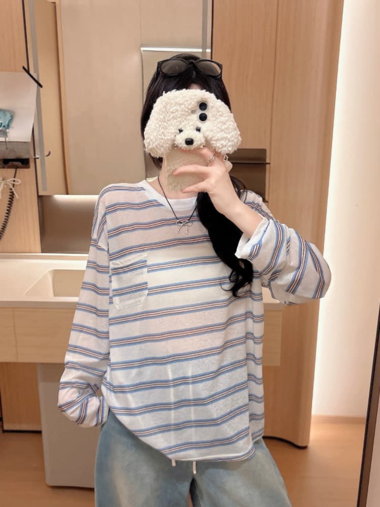 실사 감소되지 않음 느긋한 루즈핏 스트라이프 긴팔 티셔츠 여성 여름 라운드 넥 긴팔 블라우스 자외선 차단 맨위 상세 이미지 11