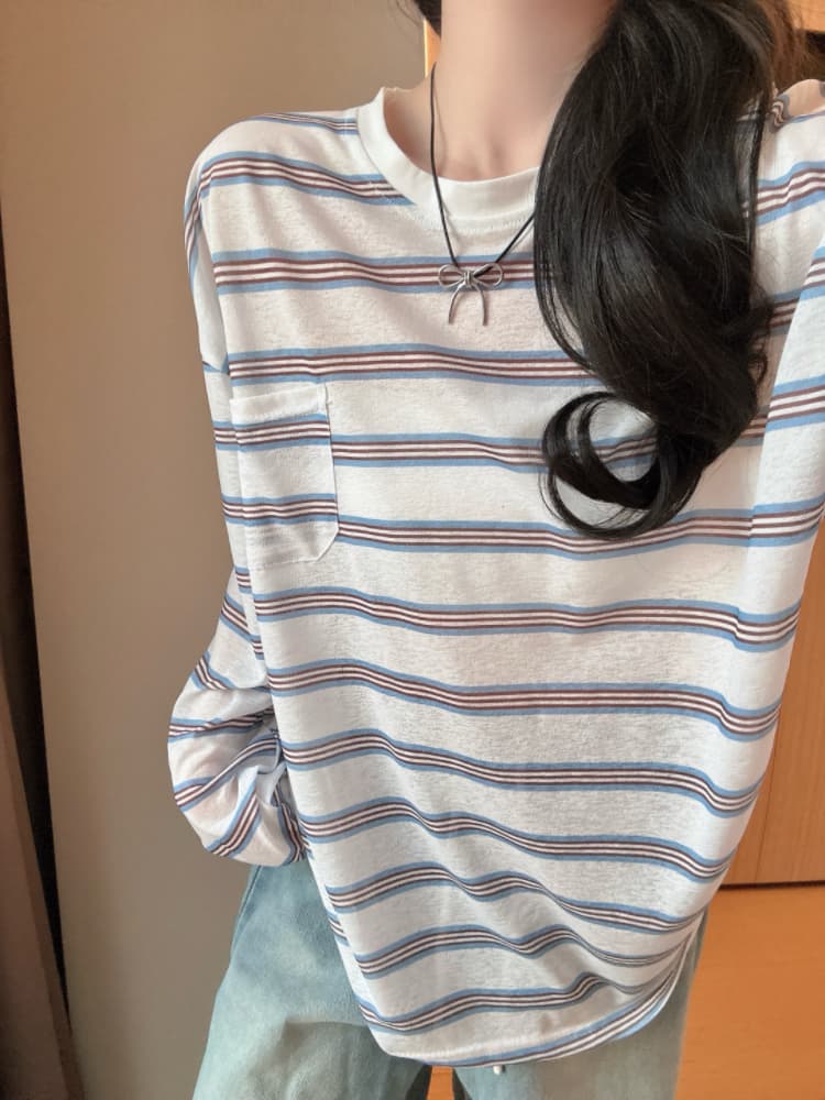 실사 감소되지 않음 느긋한 루즈핏 스트라이프 긴팔 티셔츠 여성 여름 라운드 넥 긴팔 블라우스 자외선 차단 맨위 상세 이미지 13