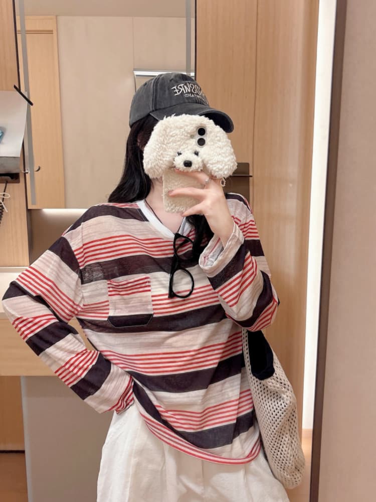 실사 감소되지 않음 느긋한 루즈핏 스트라이프 긴팔 티셔츠 여성 여름 라운드 넥 긴팔 블라우스 자외선 차단 맨위 상세 이미지 14