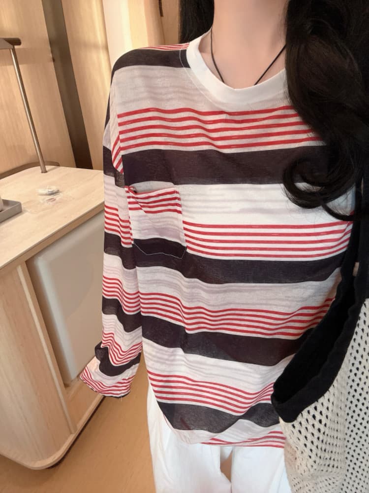 실사 감소되지 않음 느긋한 루즈핏 스트라이프 긴팔 티셔츠 여성 여름 라운드 넥 긴팔 블라우스 자외선 차단 맨위 상세 이미지 17