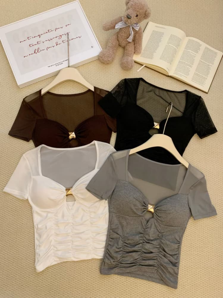 실사 감소되지 않음 순수한 욕망 망사 패치워크 홀로우 아웃 반팔 티셔츠 여성 몸매 가꾸기 다용도 벨트 가슴 패드 의류 상세 이미지 1