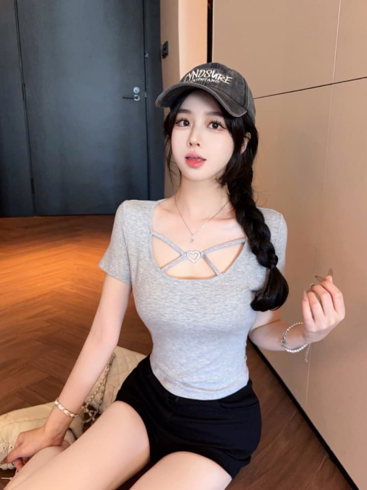 실사 감소되지 않음 순수한 욕망 핫걸 십자가 디자인 센스 티셔츠 여성 여름 몸매 가꾸기 다용도 반팔 맨위 상세 이미지 9