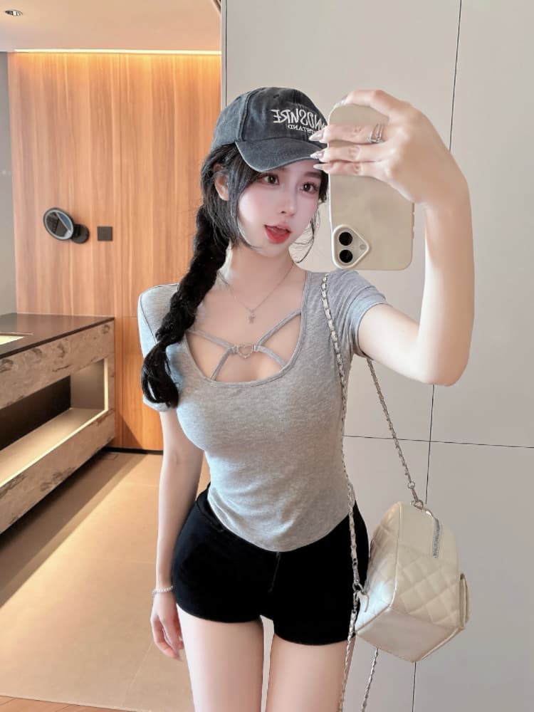 실사 감소되지 않음 순수한 욕망 핫걸 십자가 디자인 센스 티셔츠 여성 여름 몸매 가꾸기 다용도 반팔 맨위 상세 이미지 11