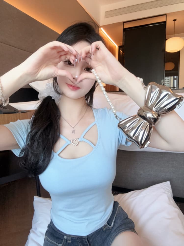 실사 감소되지 않음 순수한 욕망 핫걸 십자가 디자인 센스 티셔츠 여성 여름 몸매 가꾸기 다용도 반팔 맨위 상세 이미지 17
