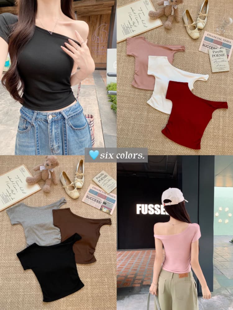 실사 감소되지 않음 핫걸 비스듬한 어깨 비틀림 반팔 티셔츠 여성 디자인 센스 품격 몸매 가꾸기 쇼트 스타일 맨위 상세 이미지 3
