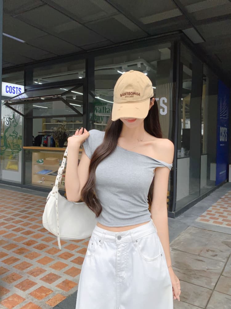 실사 감소되지 않음 핫걸 비스듬한 어깨 비틀림 반팔 티셔츠 여성 디자인 센스 품격 몸매 가꾸기 쇼트 스타일 맨위 상세 이미지 7