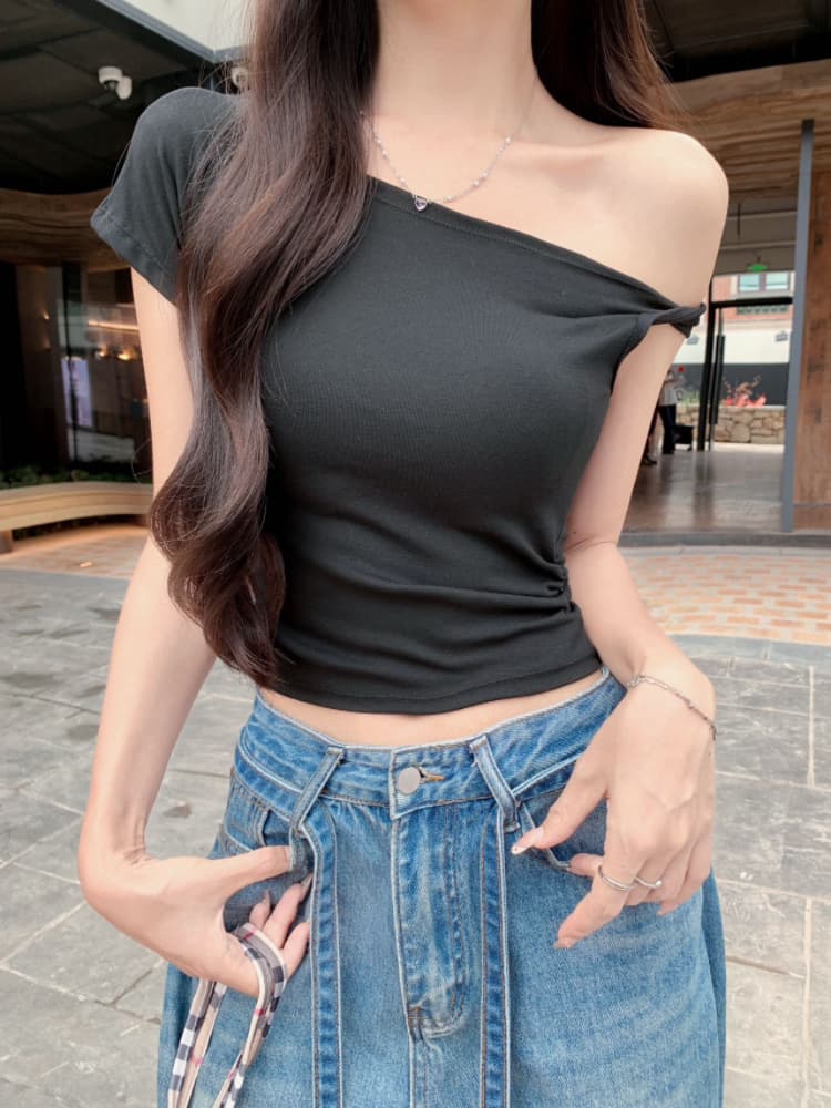실사 감소되지 않음 핫걸 비스듬한 어깨 비틀림 반팔 티셔츠 여성 디자인 센스 품격 몸매 가꾸기 쇼트 스타일 맨위 상세 이미지 13