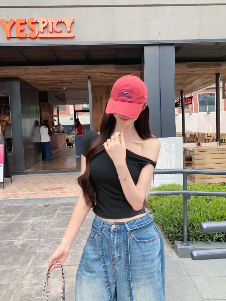 실사 감소되지 않음 핫걸 비스듬한 어깨 비틀림 반팔 티셔츠 여성 디자인 센스 품격 몸매 가꾸기 쇼트 스타일 맨위 상세 이미지 14