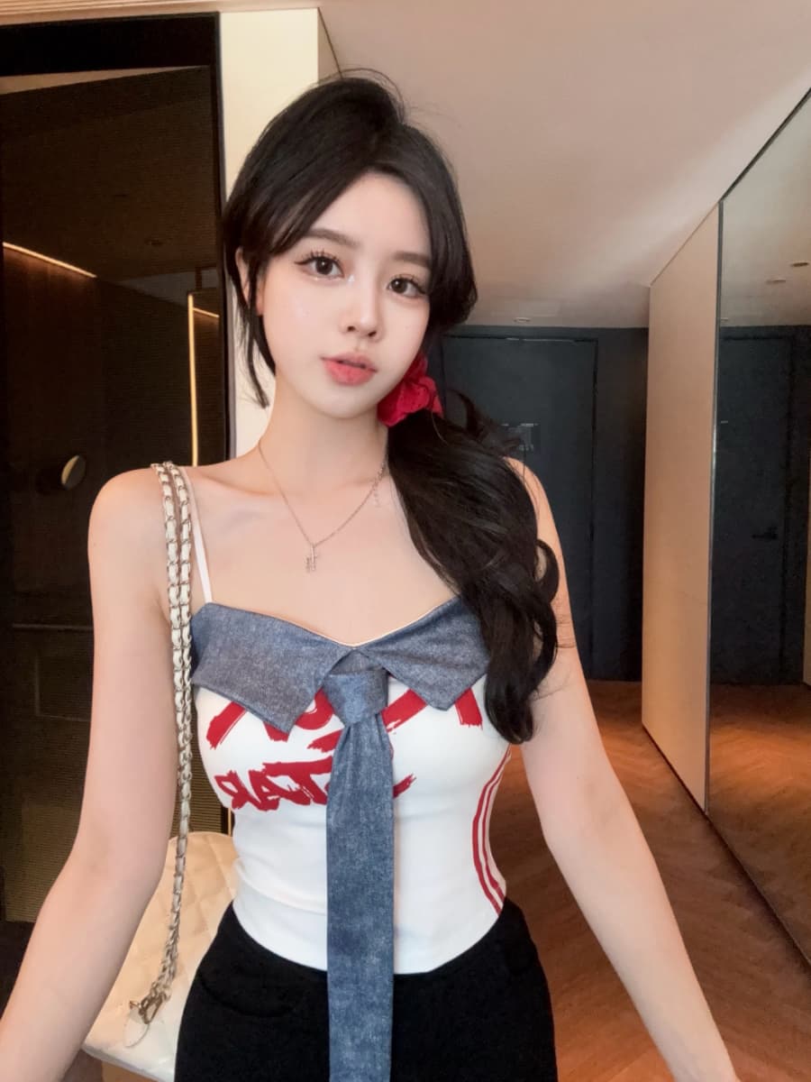 실사 감소되지 않음 아메리칸 핫걸 패치워크 캐미솔 여름 배색 알파벳 프린트 슬립 맨위 이미지 2