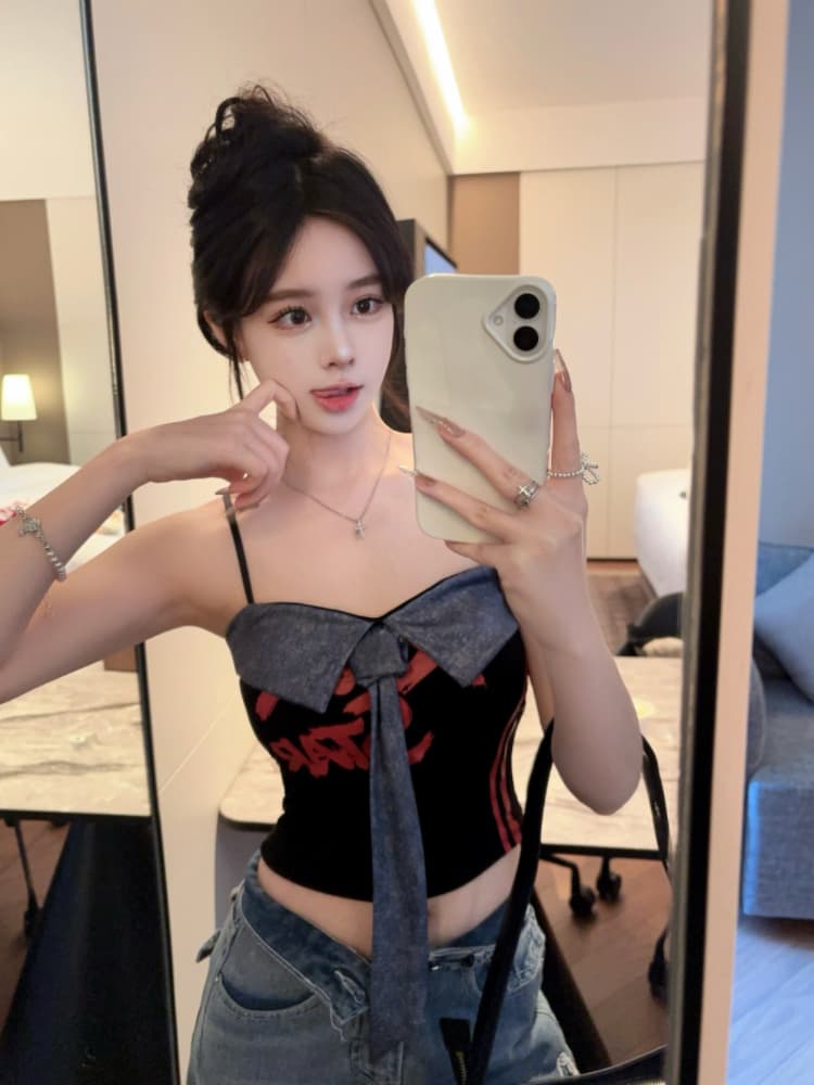 실사 감소되지 않음 아메리칸 핫걸 패치워크 캐미솔 여름 배색 알파벳 프린트 슬립 맨위 상세 이미지 3
