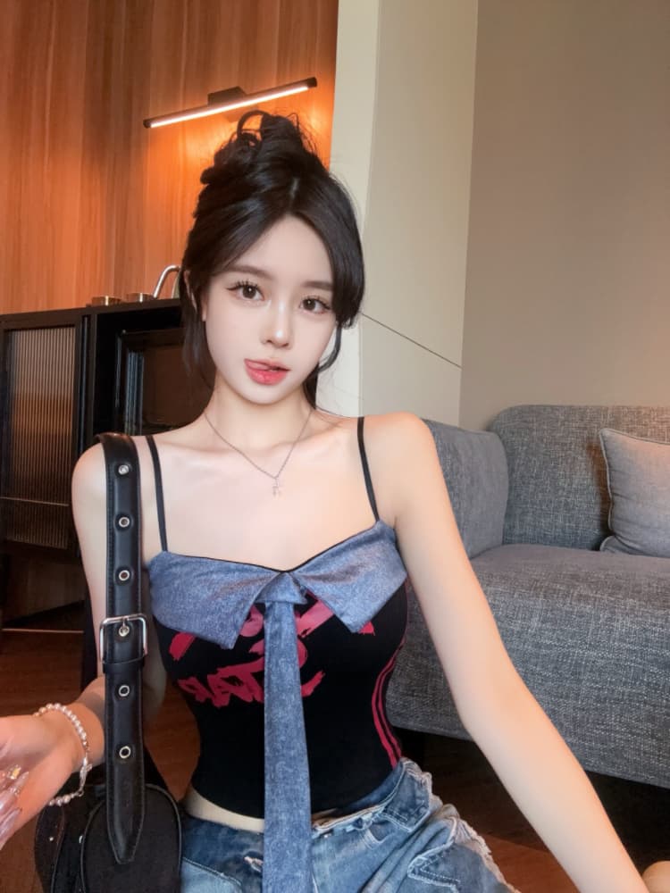 실사 감소되지 않음 아메리칸 핫걸 패치워크 캐미솔 여름 배색 알파벳 프린트 슬립 맨위 상세 이미지 4